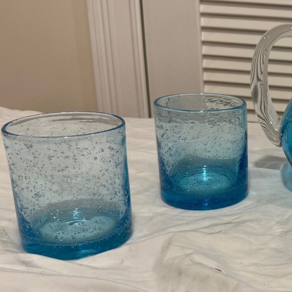 Artland Iris 90oz Handblown Glass Pitcher Turquoise w/ 4 Double Old Fashioned - Picture 2 of 12